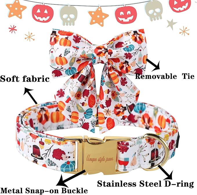 Unique Style Paws Cotton Thanksgiving Dog Collar with Bow Halloween Pumpkin Plaid Dog Collar with Bow Tie for Small Medium Large Dogs Pets Gifts