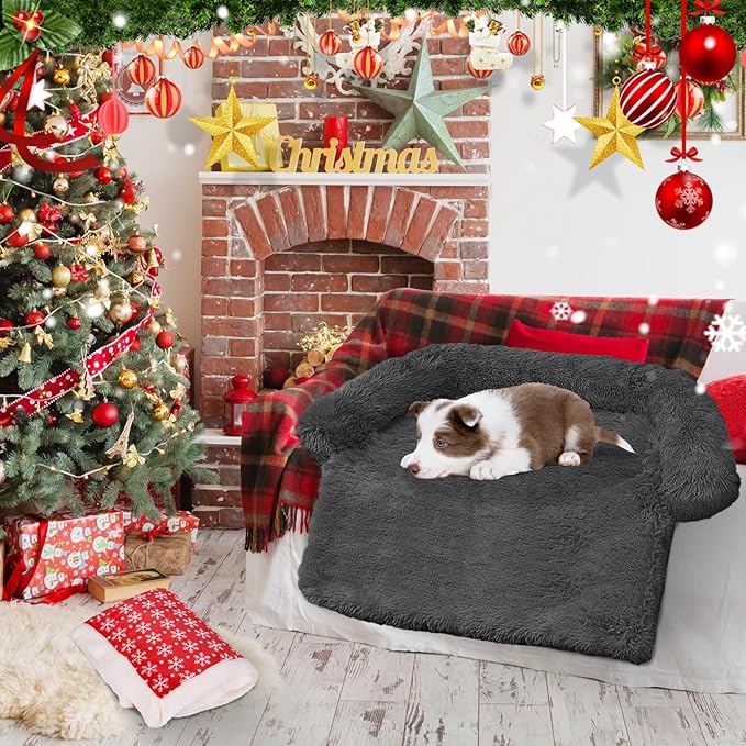 Calming Dog Bed Christmas Throw Blanket Fluffy Plush Dog Mat Furniture Protector Decoration Holiday Throw for Sofa Couch Cover for Large Medium Small Dogs Cats (Medium, Dark Grey)