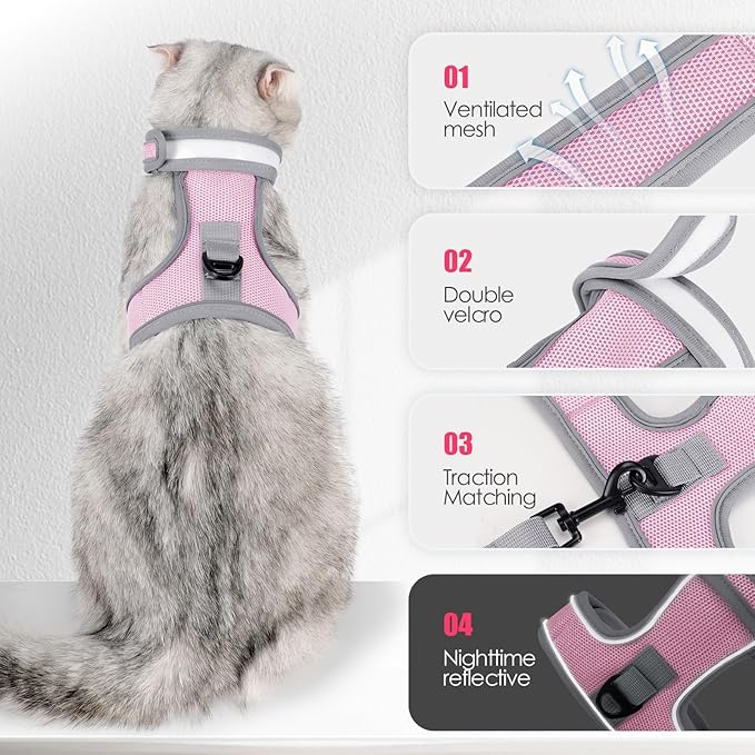 Cat Harness and Leash Set, Escape Proof Adjustable Kittens Vest with Reflective Strip, Easy to Wear for Cats Walking and Traveling, Soft Mesh Kitten Harness for Small Medium Large Cats