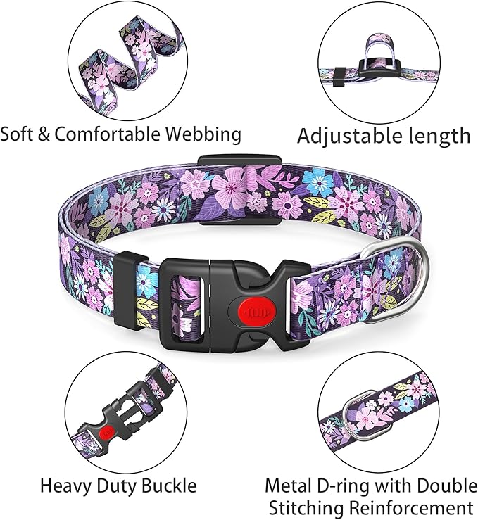 Cute Floral Dog Collar for Small Medium Large Dogs,Girl Female Dog Collars Soft Patterns Adjustable Pet Collar with Quick Release Safety Buckle for Puppy Breed Boy Dogs,Orchids Purple,L