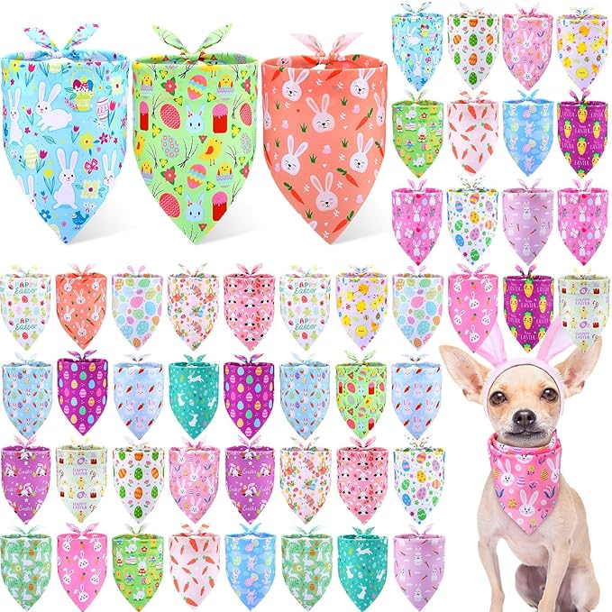 Preboun 50 Pcs Easter Dog Bandanas Bulk Bunny Dog Bandanas for Dogs Eggs Bibs Dog Scarf Easter Day Dog Bandanas for Easter Puppy Small Medium Large Dog Costume Accessories(25.6 X17.7 x 17.7 Inch)