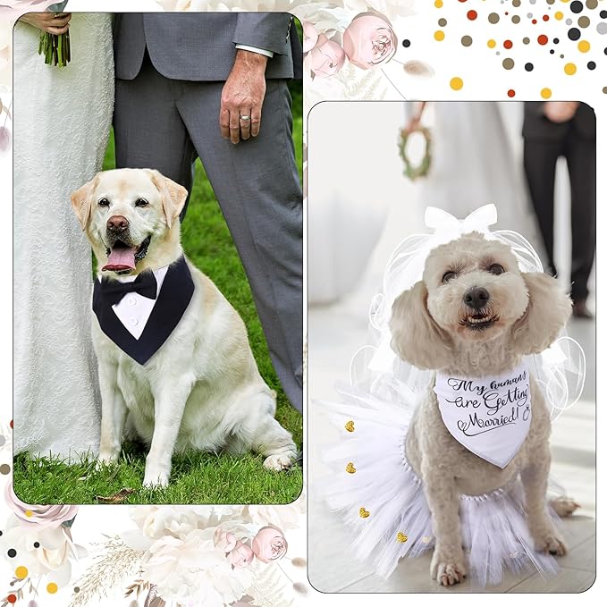 4 Pcs Dog Wedding Costume Set Include Veil with Clip, Bandana, Skirt, Adjustable Formal Bandana with Bowtie for Dog Bride Bridegroom Outfit Wedding Party(Medium)