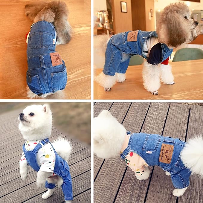 Dog Shirts Clothes Dog Denim Jumpsuit Overalls, Fashion Pet Jean Overalls Apparel, Comfortable Puppy Costumes for Small Medium Dogs&Cat, Dog Denim Shirts, Shirt & Pant Sets, Pets Outfits (S)