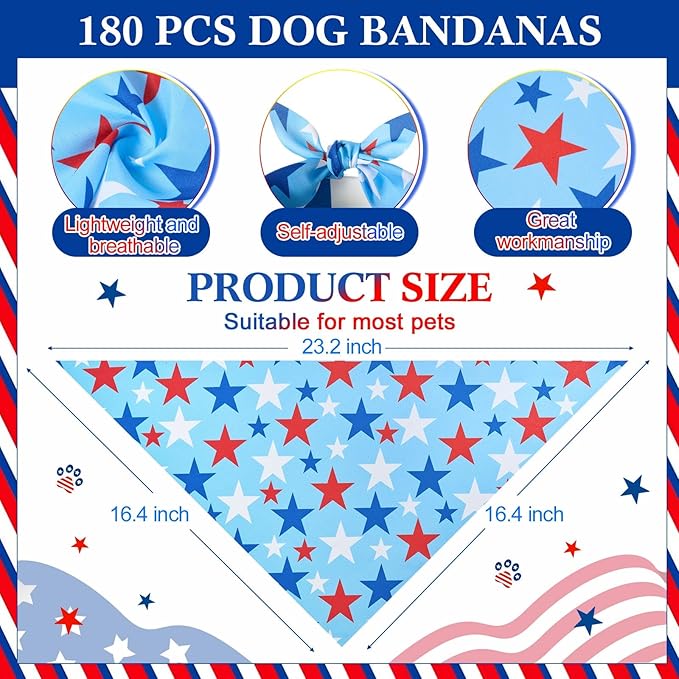 Aliceset 180 Pcs 4th of July Dog Bandanas Bulk Patriotic Dog Bandanas Independence Day Pet Scarf Bibs Soft Triangle Scarf Flag Neckerchief Adjustable Holiday Scarves for Small and Medium Pet