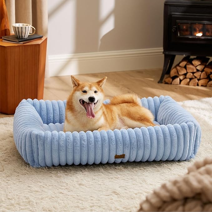 Bedsure Washable Dog Bed for Large Dogs - Cute Furry Puppy Beds, Rectangle Orthopedic Corduroy Fleece Pet Beds with Removable Zipper Cover, 36x27x8inches, Blue
