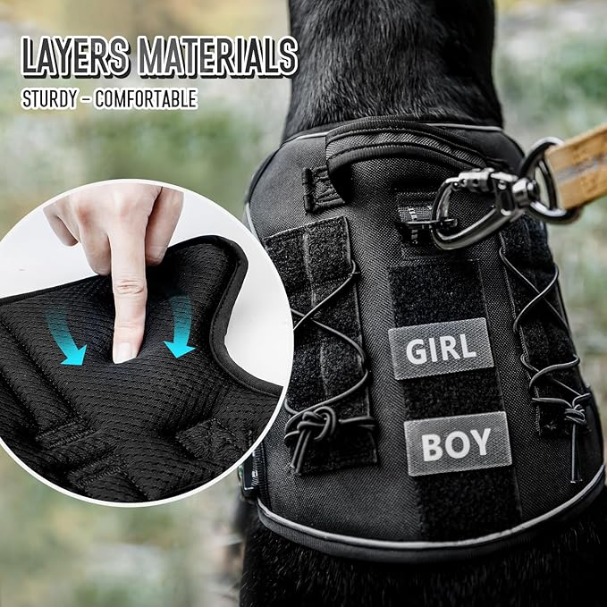 Tactical Dog Harness for Medium Large Dogs, Black Dog Harness with ID Card, Reflective Hiking Harness for Training Easy Control Dog Vest with Handle Black