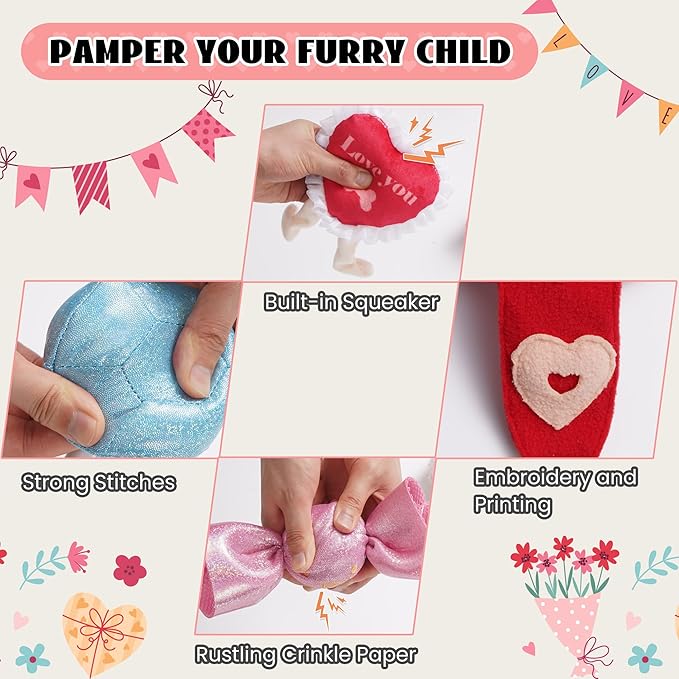 Nocciola Squeaky Dog Toys for Girls, Adorable Plush Ruffled Rose Heart Puppy Toy to Keep Them Busy, for Small, Medium and Large Breeds, 7 Pack