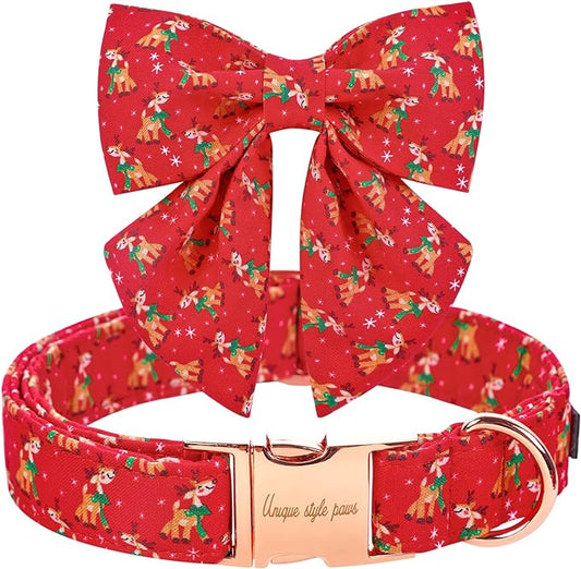 Unique style paws Christmas Dog Collar with Tie Red Elk Pure Cotton Collar Adjustable Puppy Collar for Small Medium Large Dogs-XS