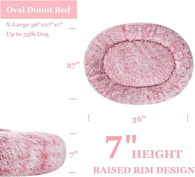Coohom Oval Calming Donut Cuddler Dog Bed,Shag Faux Fur Cat Bed Washable Round Pillow Pet Bed(30"/36"/43") for Small Medium Dogs (XL(36"x27"x7"), Red)