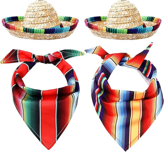 4 Pcs Cinco de Mayo Dog Bandana Cinco de Mayo Fiesta Fabric and Straw Sombrero Headbands Triangle Dog Sombrero Hat for Small Medium Pets Puppies Outdoor Colorful Serape Mexican Dog Gift Kids