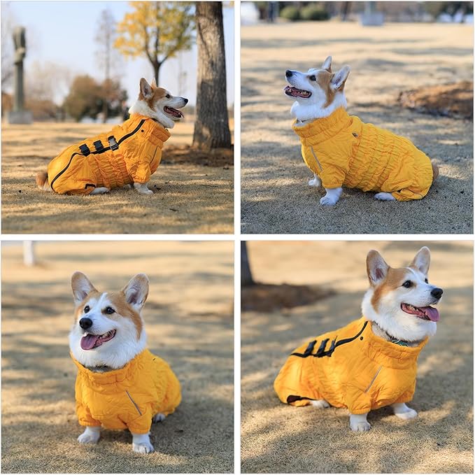 Lovelonglong Warm Dog Coat Double Layers Dog Vest, 4 Legs Covered Windproof Waterproof Reflective Warm Dog Vest Outdoor Skating Dog Costume for Corgis Dachshund Dog Yellow D-L
