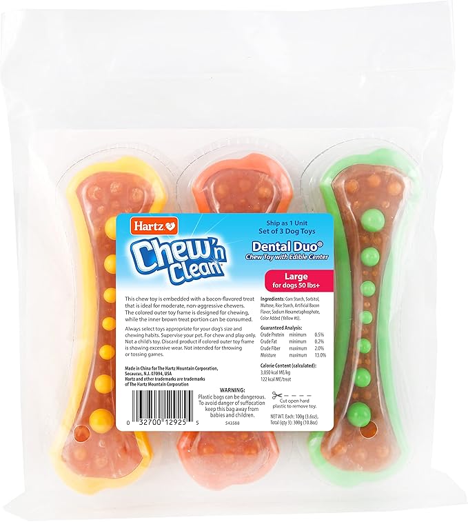 Hartz Chew 'n Clean Dental Duo Dog Treat & Chew Toy, Color Varies, Large, 3 Pack