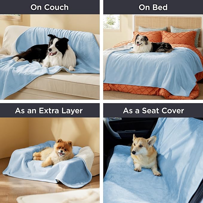Bedsure Waterproof Blanket for Bed - Sherpa Fleece Waterproof Dog Blankets for Large Dogs, Pet Blankets for Bed/Couch/Dog Crate, Soft Plush Reversible Furniture Protector, King, 108"x86", Light Blue