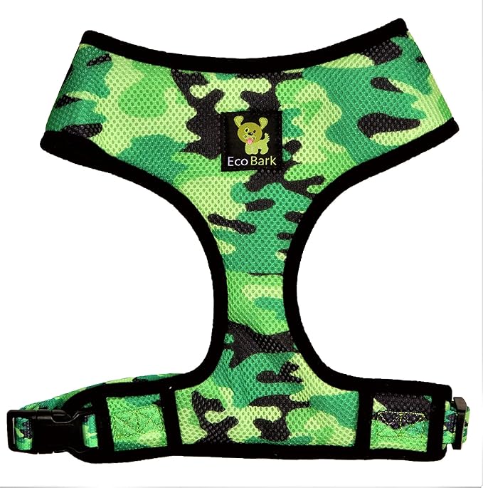 EcoBark Dog Harness - Eco-Friendly Max Comfort Harnesses - Luxurious Soft Mesh Halter - Over The Head Harness Vest- No Pull and No Choke for Puppy, Small Breeds & Medium Dogs (Large, Camo)