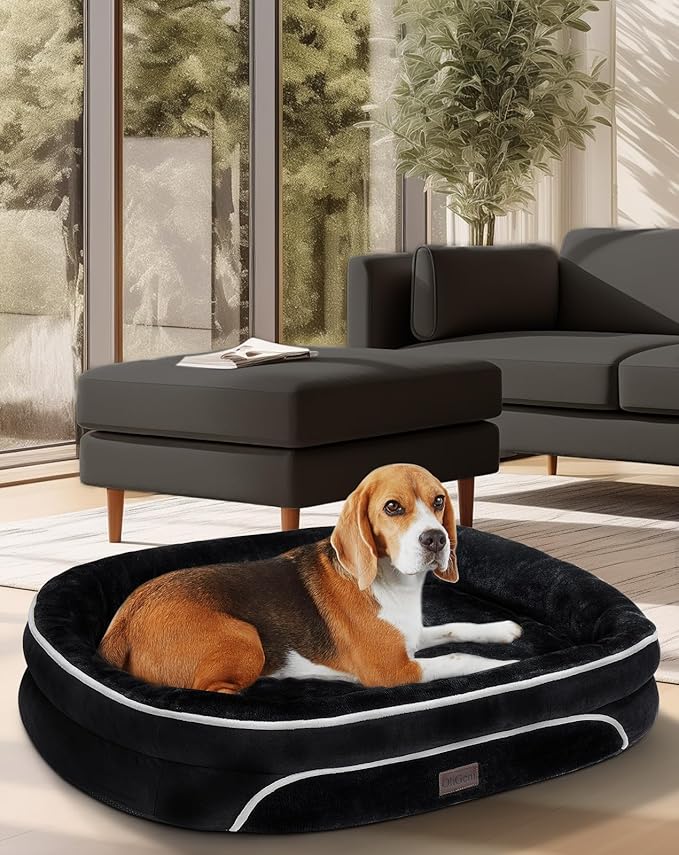 OhGeni Orthopedic Dog Couch Large Sized Pet Beds for Fathers Gifts with Comfort Foam Support, Soft Indestructible Fabric, Machine Washable Waterproof Removable Cover, 35-Inch (Black)