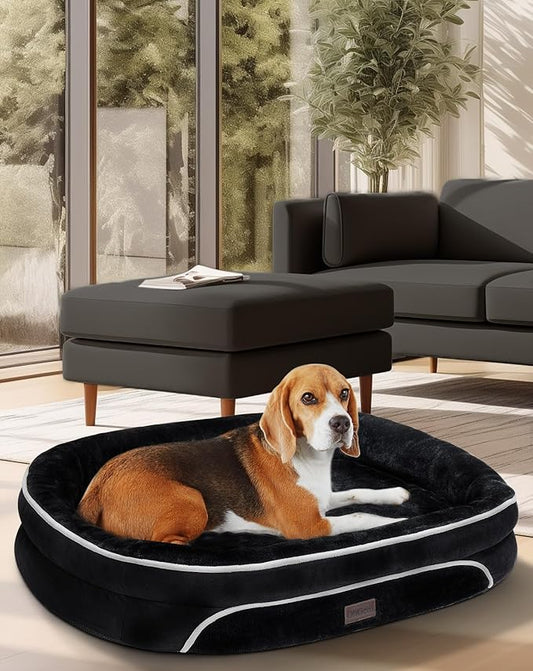 OhGeni Orthopedic Dog Couch Large Sized Pet Beds for Fathers Gifts with Comfort Foam Support, Soft Indestructible Fabric, Machine Washable Waterproof Removable Cover, 35-Inch (Black)