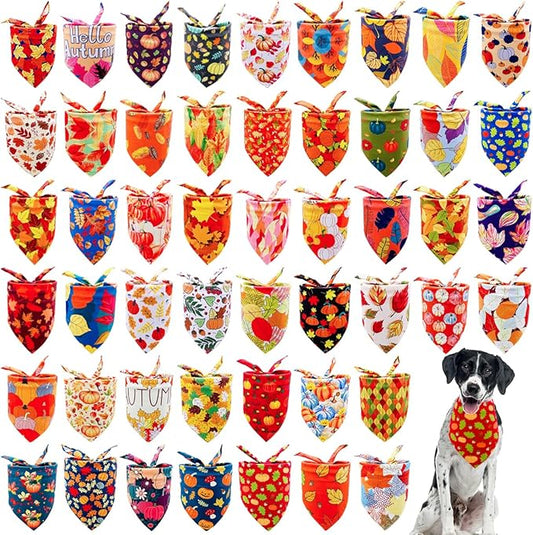 50PCS Large Dog Bandanas Fall Large XL Big Dog Breed Bulk Pumpin Harvest Leaves Forest Autumn Pattern Kerchief Triangle Bibs Head Scarves Scarfs for Boys and Girls Grooming Accessories Costume