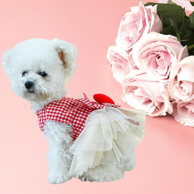 FLAdorepet Dog Dress with Leash Ring,Holiday Dog Clothes Love Heart Tulle Pet Dresses for Small Dogs Girls Party Outfit Puppy Cats Apparel(Red Heart, Medium)