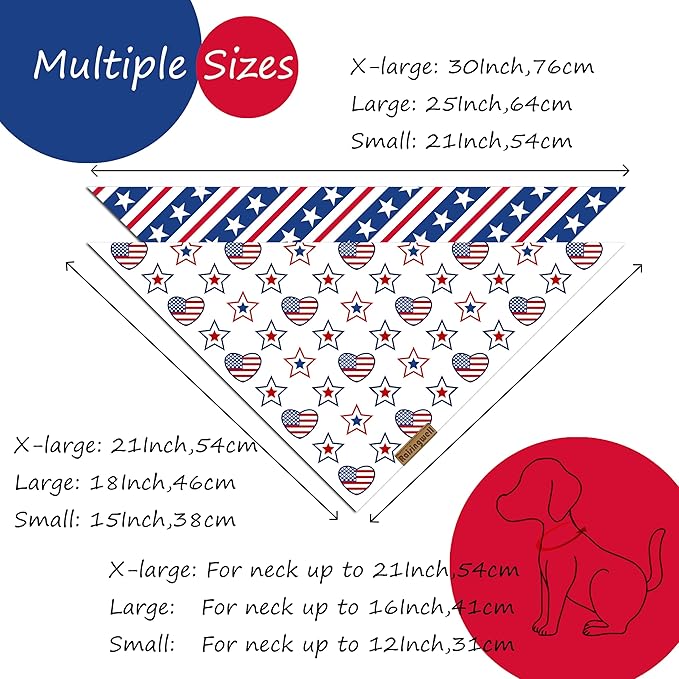 4th of July Dog Bandanas 2 Pack, 4 Pattern Reversible Holiday Bandana for Boy and Girl, Premium Durable Fabric, Summer Triangle Scarf for Medium to Extra Large Breed Dogs (X-Large)