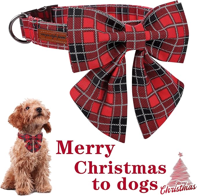 Unique style paws Christmas Dog Collar with Tie Red Black Grid Cotton Collar Adjustable Puppy Plaid Collar for Small Medium Large Dogs-XL