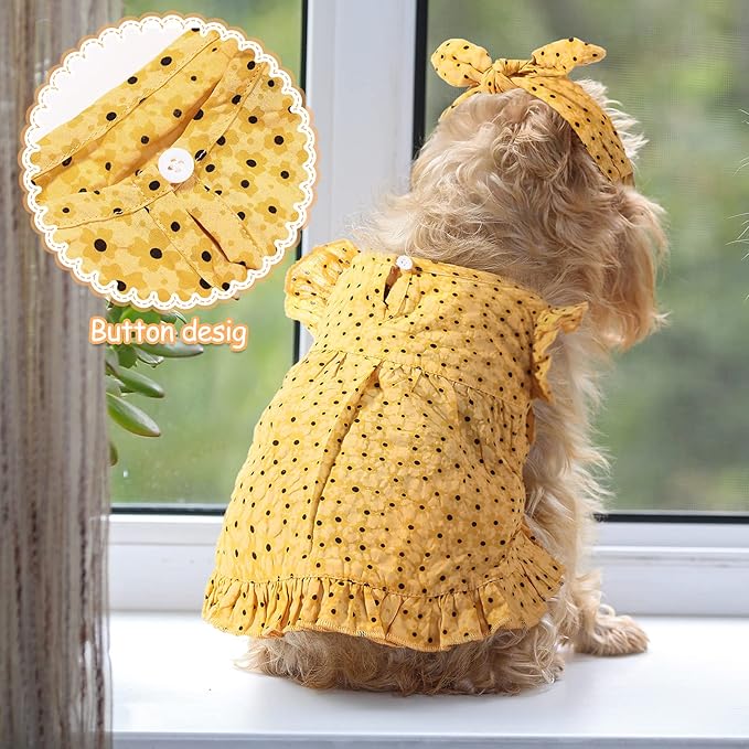 Frienda 2 Pcs Dog Dress Princess Floral Summer Puppy Dress with Bows Headband for Dog Cat Birthday Party Holiday Hawaiian Mermaid, Red and Yellow(L)