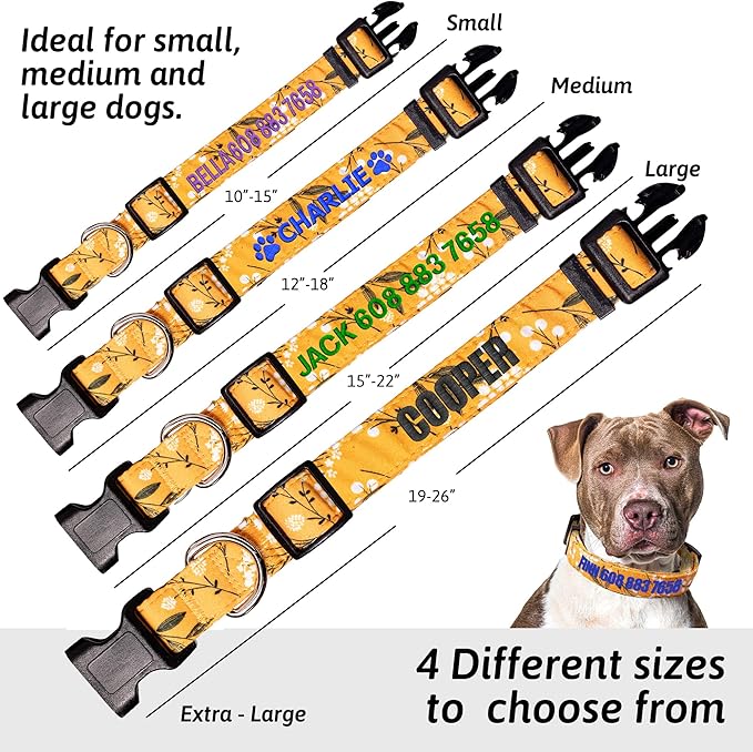 Personalized Dog Collars, Pet Collar with Name and Phone Number, Customized Adjustable Quick Release Buckle for Small, Medium, and Large Dogs. Embroidered Soft Pet Name Tag - Yellow Spring