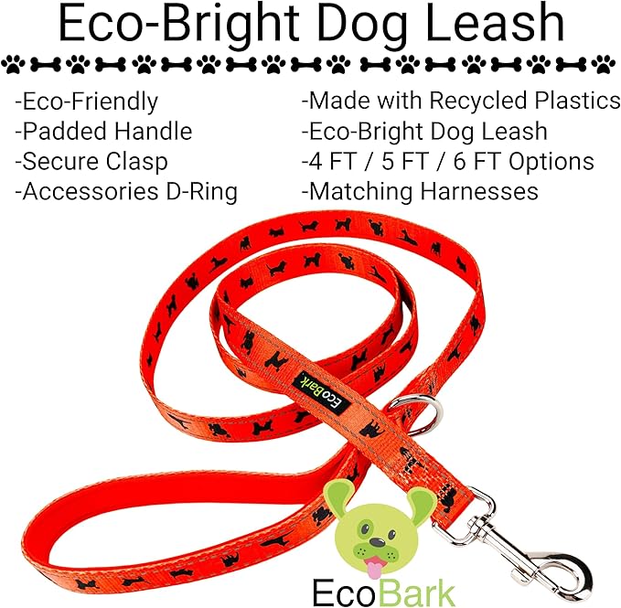 EcoBark Dog Leash - Soft & Reflective Dog Leashes with Padded Handle - Strong Durable Heavy Duty - Training and Pulling for Small, Medium or Large Dogs (Orange Dog Leash)