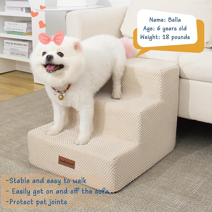 Dog Stairs for Small Dogs & Cats, 3-Step Non-Slip Pet Steps for Couch Sofa and Chair, Beige, 13.6" H