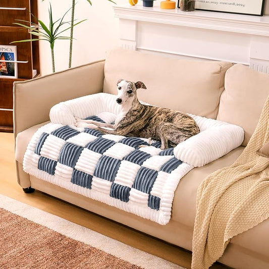 FUNNY FUZZY Pet Couch Covers for Sofa, Large Dog Couch Bed Cover Cream Square Plaid Washable Pet Mat for Furniture Protector Sofa Cover for Dogs, Large, Muted Grey