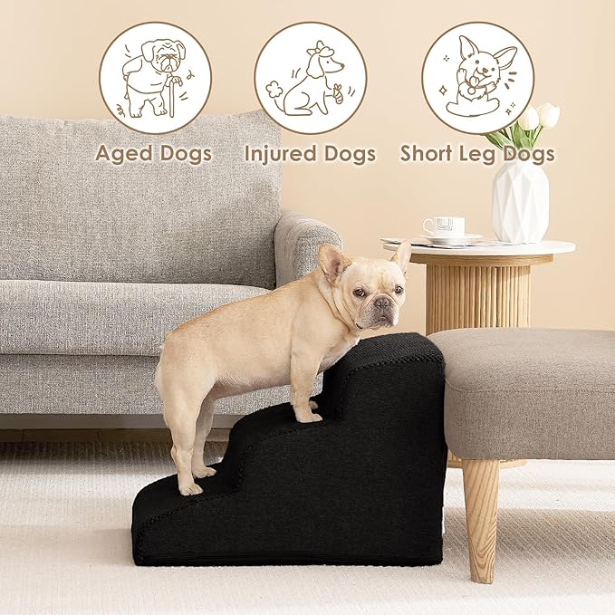 EHEYCIGA Curved Dog Stairs Ramp for Small Dogs 15.7" H, 3-Step Dog Steps for Couch Sofa and Chair, Pet Stairs for Cats, Non-Slip Balanced Pet Steps Indoor, Black