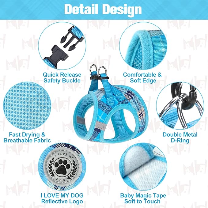BEAUTYZOO Small Dog Harness and Leash Set,Step in No Choke No Pull Soft Mesh Dog Harnesses Reflective for Extra-Small Medium Puppy Dogs and Cats, Plaid Vest Harness for XS S Pets, Blue S