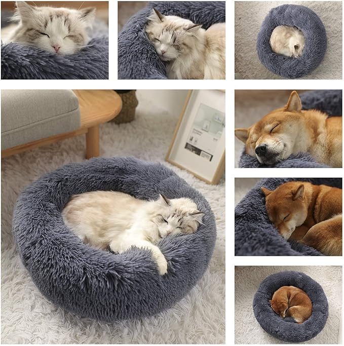 Dog Calming Beds for Small Medium Large Dogs - Round Donut Washable Puppy Dog Bed, Anti-Slip Faux Fur Fluffy Donut Cuddle Anxiety Cat Pet Bed(28" Dark Grey)
