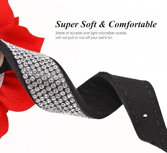 PET ARTIST Bling Dog Collar with Flower, Soft Suede Leather Dog Collar Girl with Sparkling Rhinestone, Cute Red Pet Collars for Small Medium Female Dogs Walking Party Wedding,M
