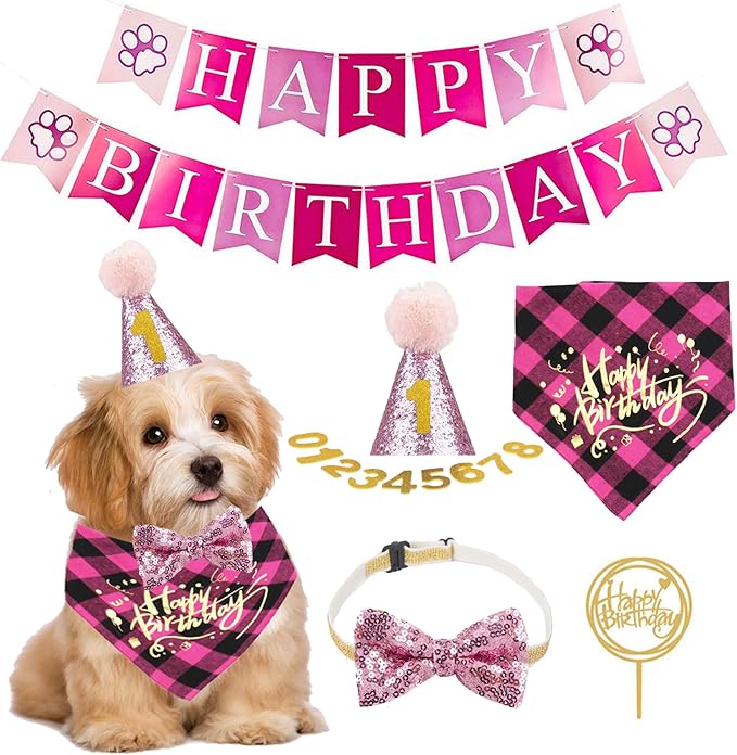 ADOGGYGO Dog Birthday Girl Bandana, Puppy 1st Birthday Party Supplies, Pet Party Hat Scarf Bowtie Banner Set for Small Medium Dogs (Small&Medium)