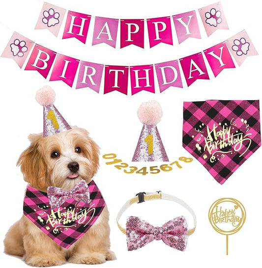ADOGGYGO Dog Birthday Girl Bandana, Puppy 1st Birthday Party Supplies, Pet Party Hat Scarf Bowtie Banner Set for Small Medium Dogs (Small&Medium)