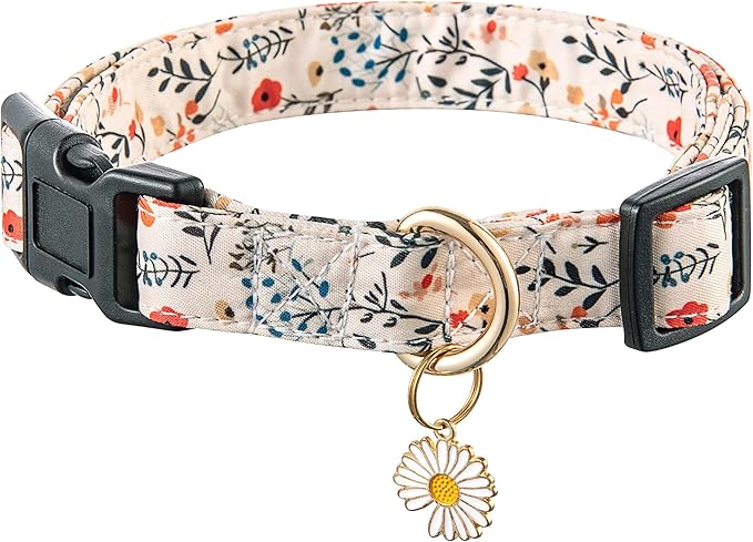 Cute Dogs Collar Beige Flower Patterns for Boys and Girls Holiday Dog Collars Summer Fall Gift Adjustable for Medium to Large Breed Dogs (M)