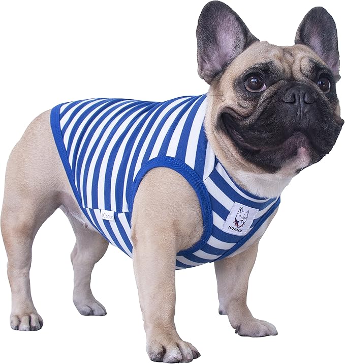 iChoue Pug 100% Breathable Cotton Striped T Shirts Halloween Vest Clothes for Medium Dogs Tank Tops Puppy French Bulldog Frenchie English Boston Terrier Pitbull White Blue Stripes - Small