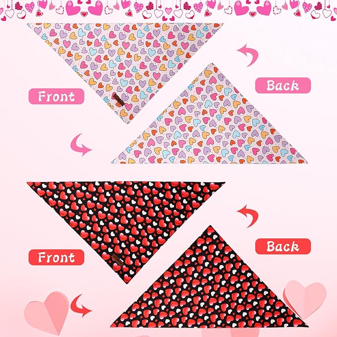 Lionet Paws Valentine's 2pcs Dog Bandanas, Black Heart & Colorful Heart Dog Scarf Bib Premium Fabric, Happy Valentine Love Bandanas for Small Dogs Pets