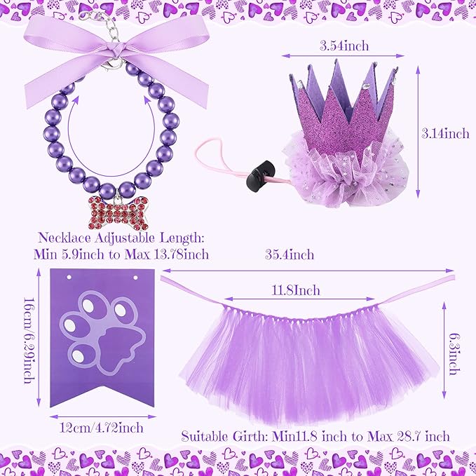 4-Piece Dog Birthday Outfit: Pet Tutu Skirt, Puppy Pearl Necklace, Cat Crown Hat, and Happy Birthday Banner for Pet Party Supplies