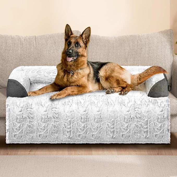 Calming Extra Large Dog Couch Bed, 45 x 37 inch Waterproof Memory Foam Dog Bed for Couch, Durable Fluffy Fuzzy Dog Bed Mats with Washable Removable Cover Protector for Sofa, Bedside - Grey