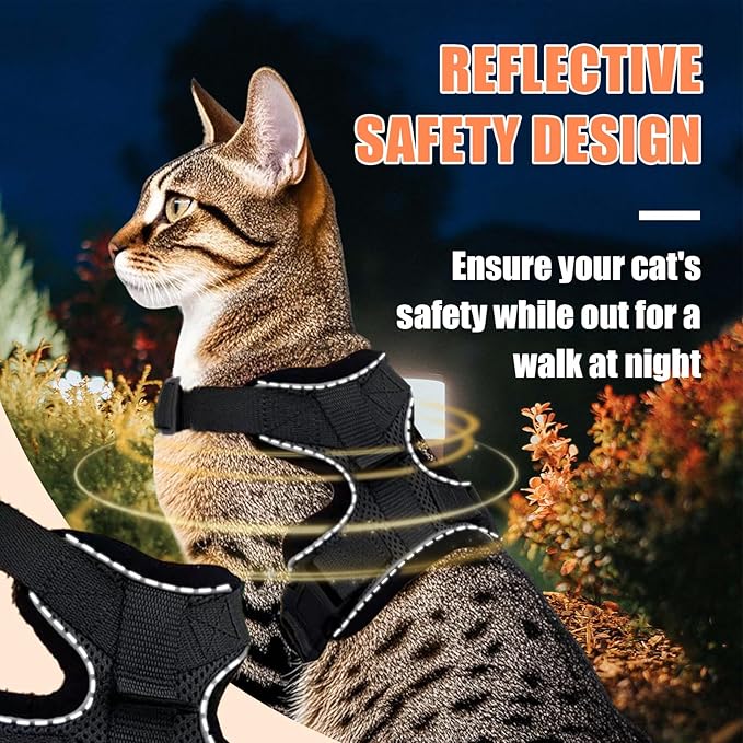 Cat Harness and Leash Set,Escape Proof Adjustable Cat Harness,Soft and Breathable Kitten Harness and Leash with Reflective Strips for Walking and Traveling(Black,S)