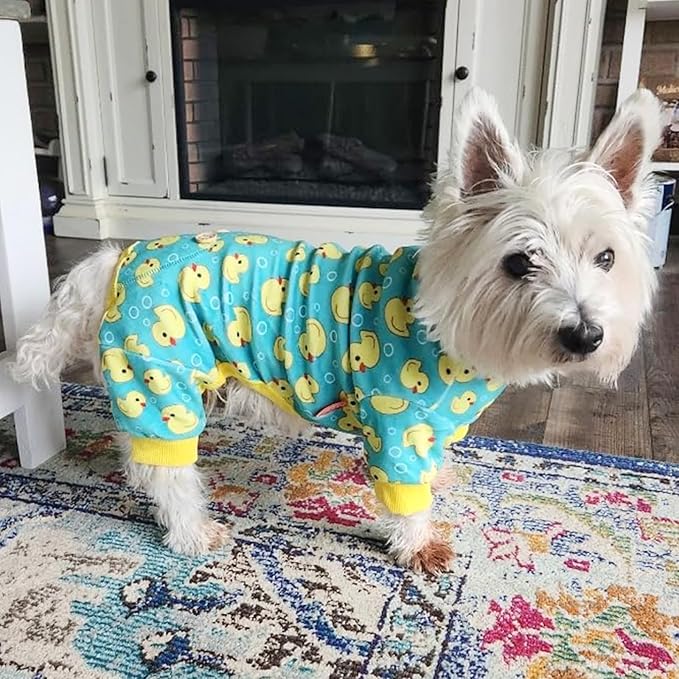 KYEESE Dog Pajamas Stretchy Pet Jammies Coat Comfy Pet Onesie Costume Velvet Dog Pajamas Small Sized Dogs Soft Dogs Clothes Pjs with Yellow Ducks Pattern, Large