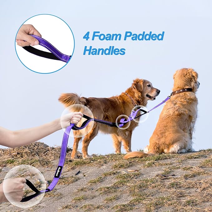 PetBonus Double Dog Leash, No Tangle Dual Leash, Reflective Walking Training Lead, 4 Comfortable Padded Handles for 2 Dogs with Collapsible Bowl and Waste Bags (Purple, Large)