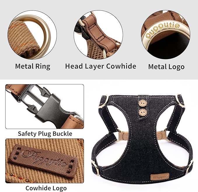 Dog Harness, No Pull Dogs Harness and Multi-Function Leash Set for Medium Dogs Easy Walk Everyday Adjustable Soft Dog Vest Harness Fashionable Dog Accessories Black-Button-Slim Large