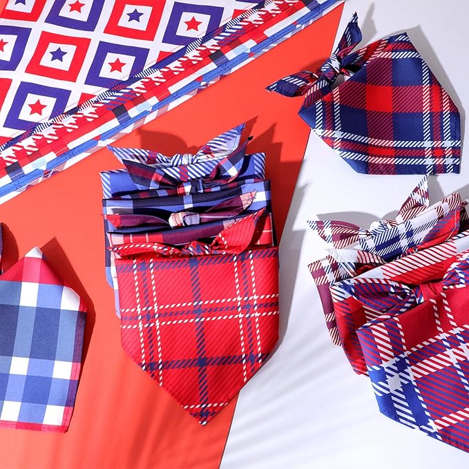 Geyoga 60 Pcs 4th of July Plaid Dog Bandanas Bulk Pet Grooming Scarf Bibs Supplies Adjustable Washable Kerchief Pet Groomer Accessories for Small to Large Cats Dogs Costume Party