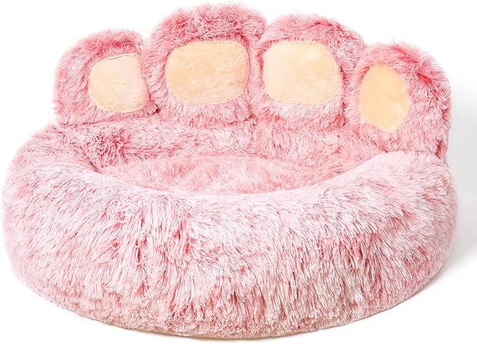 Jiupety Paw Shape Calming Pet Bed, Medium Plush Faux Fur Donut Bed for Dogs & Cats, Machine Washable, Non-Slip Bottom, Extra Large Size (32"×32"×10"), Pink