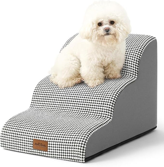 Dog Stairs for Small Dogs 15.7" H, Curved Dog Step for Puppy, Older Cat, Medium Pet Ramp for Sofa, Couch or Bed, Ladder with High Density Foam, 15.7x22.4x15.7 inch, 3 Step, White Black