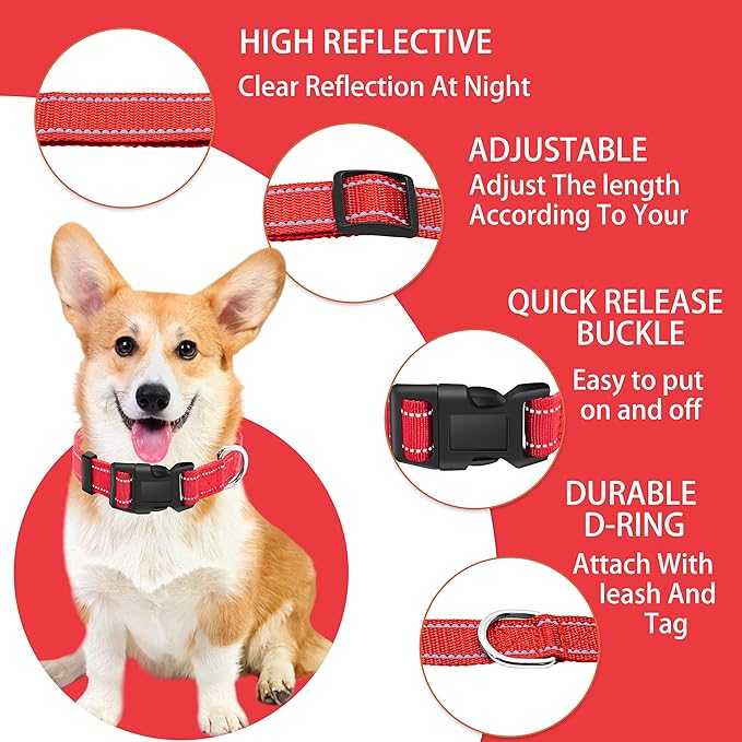 Reflective Dog Collar with Safety Locking Buckle, Adjustable Soft Breathable Nylon Collars for Small, Medium and Large Dogs(Collar+Leash M Red)