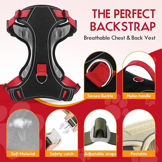 Dog Harness Adjustable Reflective Easy Control for Medium/Large Dog Harness with A Free Heavy Duty 5ft Dog Leash (L (Neck: 18,5"-25", Chest: 21"-27.9")(red, Large)