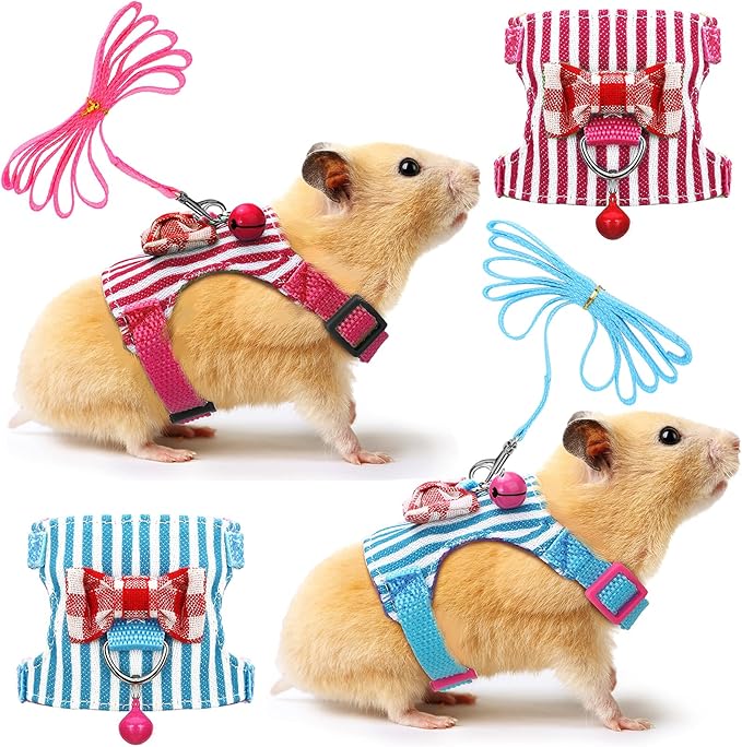 2 Pieces Hamster Harness and Leash Set for Walking, Small Guinea Pig Clothes with Bowknot Bell, No Pulling Comfort Padded Vest Striped for Guinea Pig Hamster Ferret, Small Animals (Blue, Pink,S)